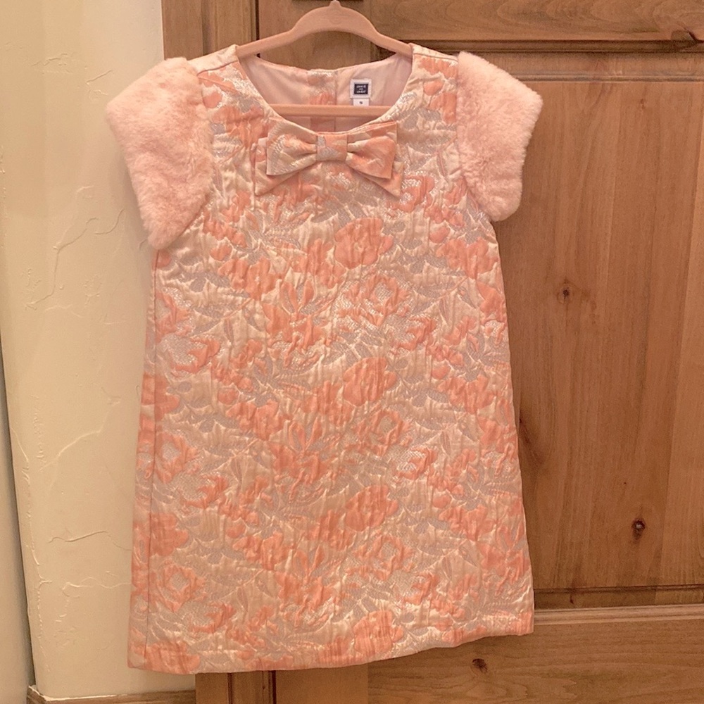 Janie and Jack Pink & Metallic Brocade Floral Dress Faux Fur Sleeves size 5